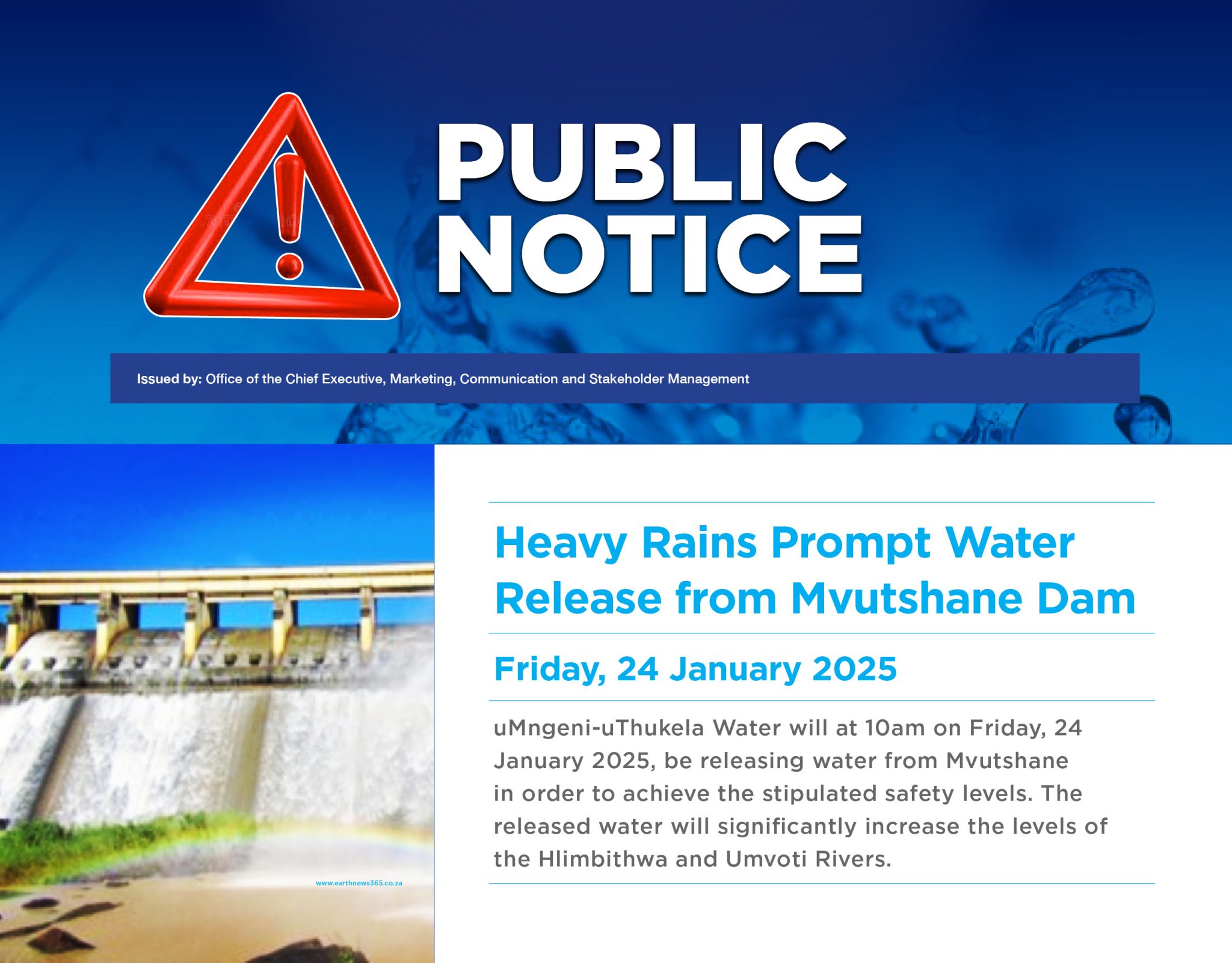 Media and Public Statement: Heavy Rains Prompt Water Release From Mvutshane Dam